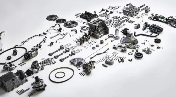 Rozłożony silnik 1.0 ecoboost: blok, wał korbowy, tłoki, głowica, turbosprężarka, alternator, rozrusznik, pompa wody, sprzęgło, paski i inne części.