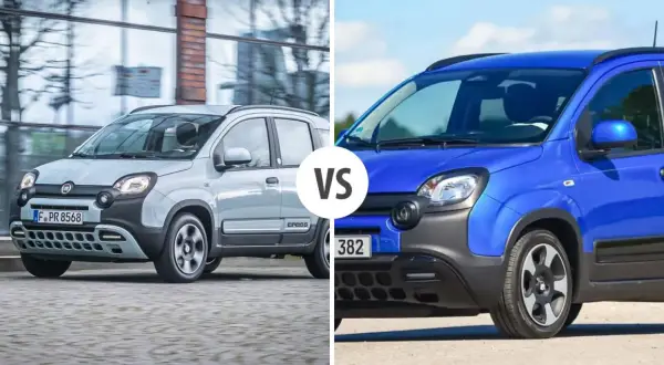 Dwa Fiaty Panda Cross, jeden jasnoszary, drugi niebieski, porównane w zestawieniu. Czy to zapowiedź modelu Fiat Panda 2025?
