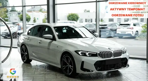 Białe BMW 318i z podgrzewaną kierownicą i fotelami, aktywnym tempomatem. Szybki odbiór w salonie.