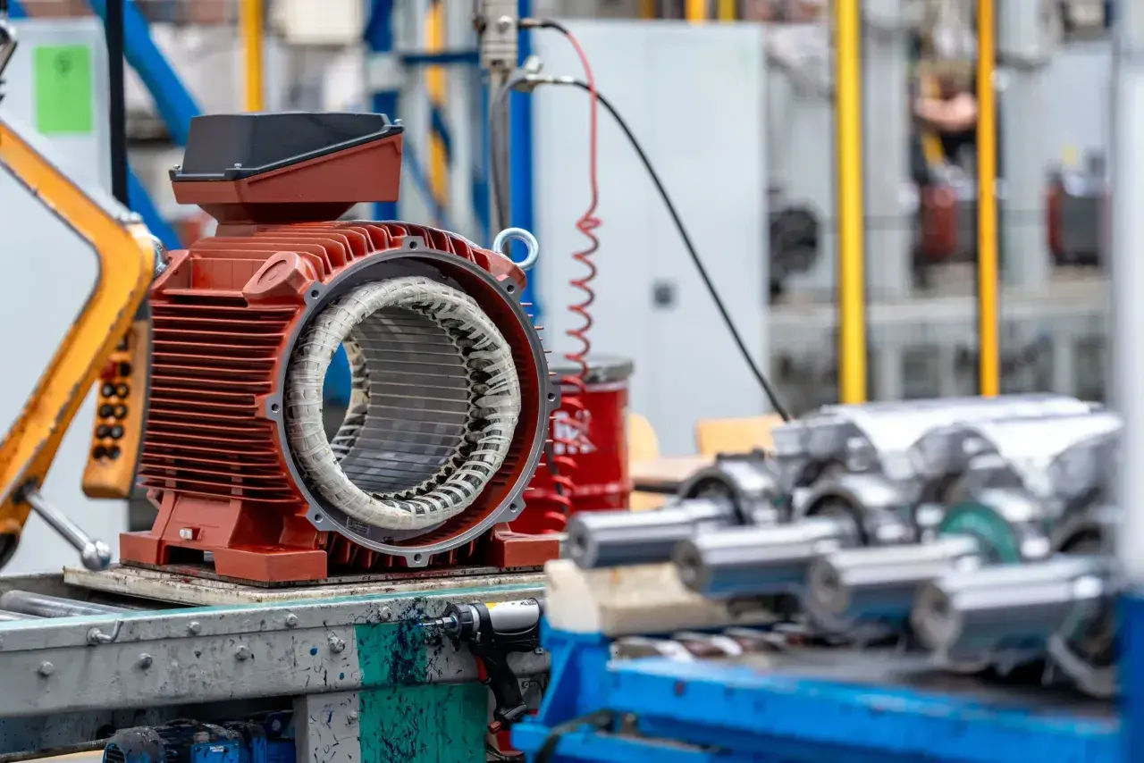 Część silnika elektrycznego z widocznym uzwojeniem, gotowa do montażu. W tle inne elementy produkcyjne, które mogą pomóc w zrozumieniu, jak obliczyć moc silnika elektrycznego.