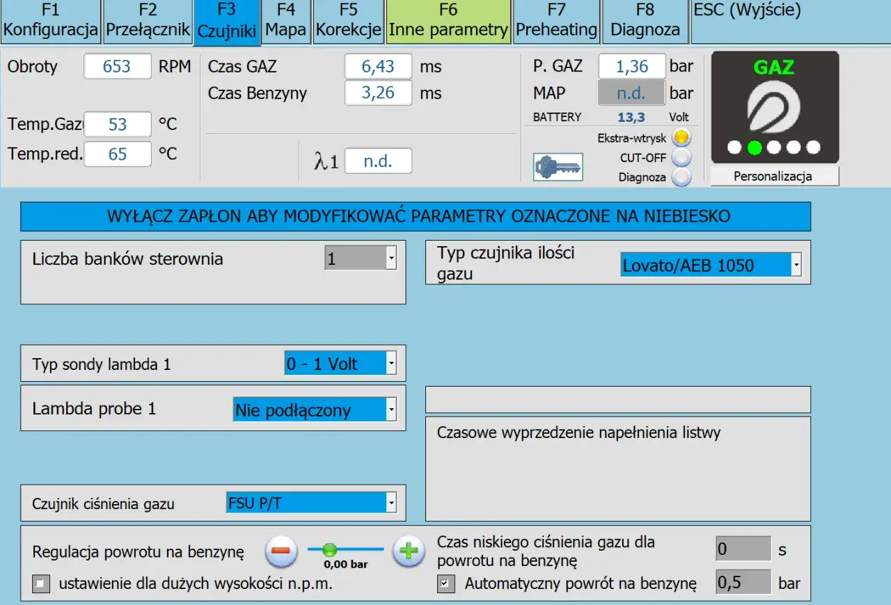 Interfejs programu do konfiguracji instalacji gazowej. Widoczne parametry pracy silnika, czujniki i ustawienia. Możliwość modyfikacji parametrów po wyłączeniu zapłonu, co jest kluczowe, by wiedzieć jak zresetować gaz w samochodzie.
