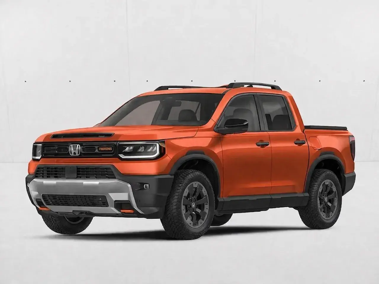 Pomarańczowy Honda Ridgeline z czarnymi akcentami i relingami dachowymi, gotowy na przygodę.