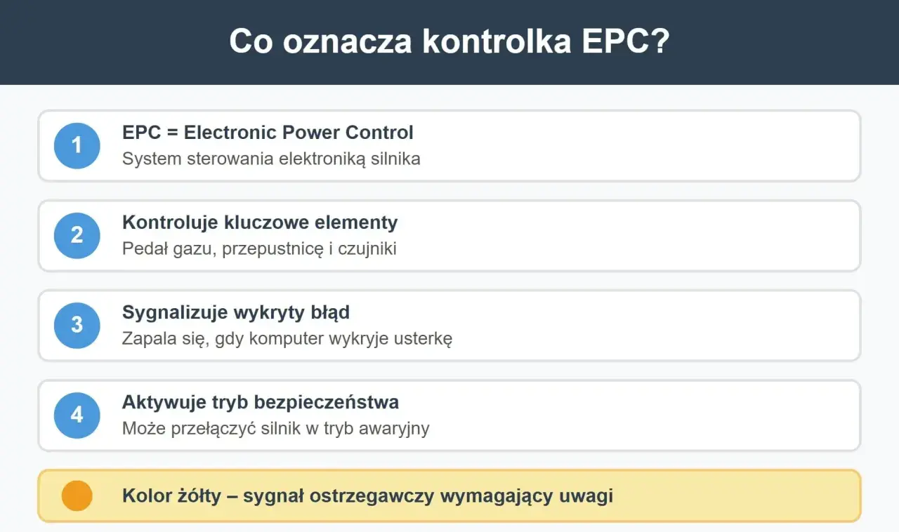 Co to jest EPC? Wyjaśnienie kontrolki: system sterowania silnikiem, kontroluje kluczowe elementy, sygnalizuje błędy i tryb awaryjny. Żółty kolor ostrzega.