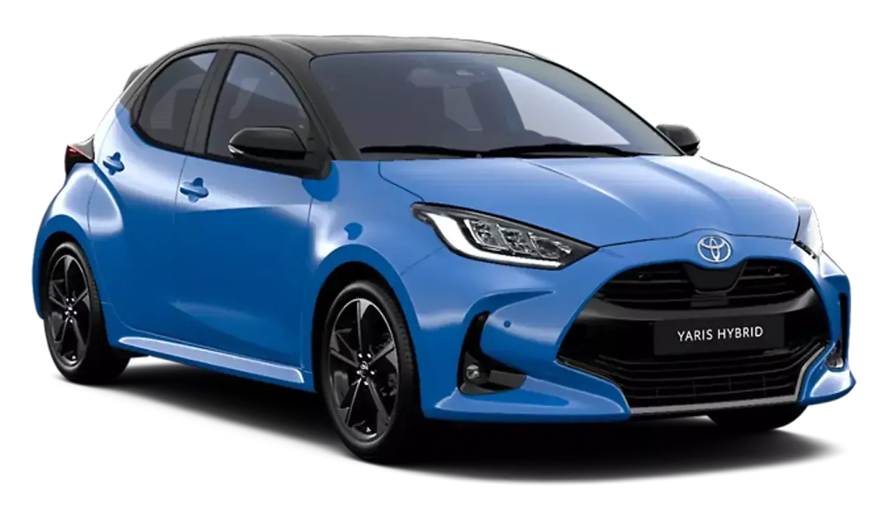 Niebieski Yaris Hybrid z czarnym dachem, prezentujący nowoczesny design i hybrydowy napęd.