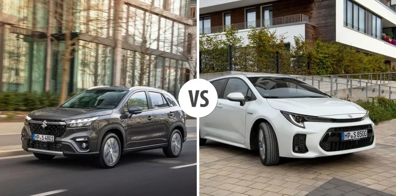 Szary Suzuki S-Cross na drodze obok białego auta.