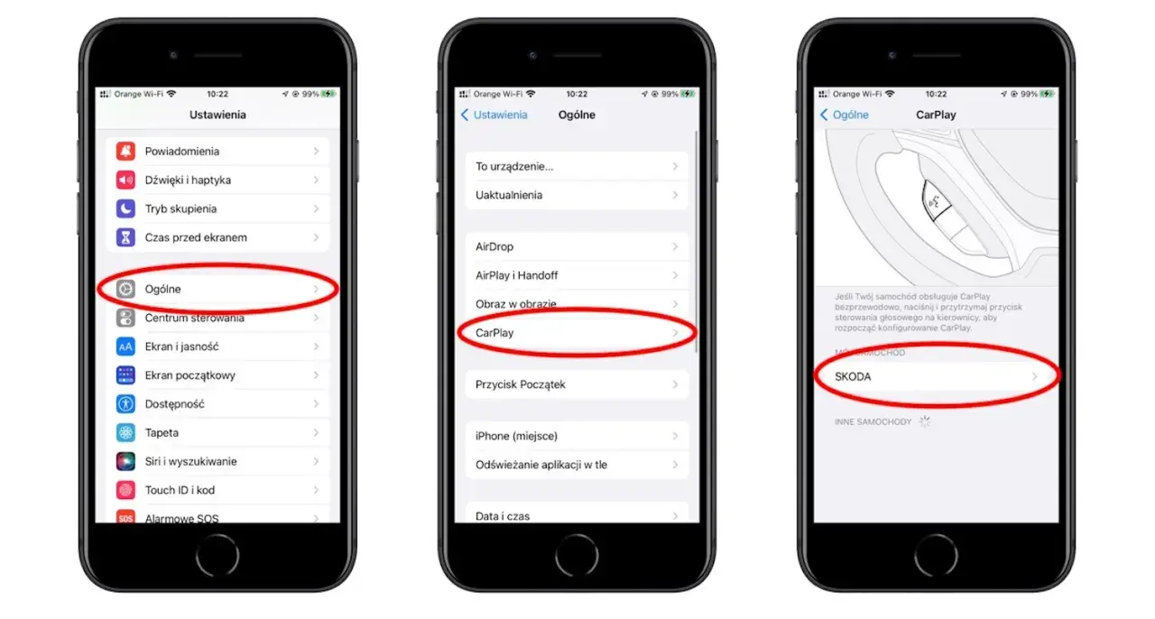 Konfiguracja Apple CarPlay w ustawieniach iPhone'a. Widok ekranu z opcją CarPlay, a następnie wybór samochodu Skoda.