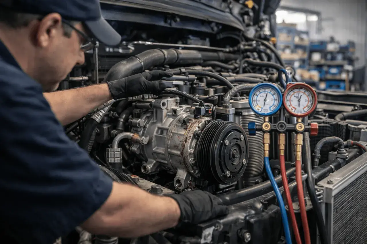 Mechanik dokonuje montażu kompresora na pojazdach ciężarowych, używając manometrów do kontroli ciśnienia.