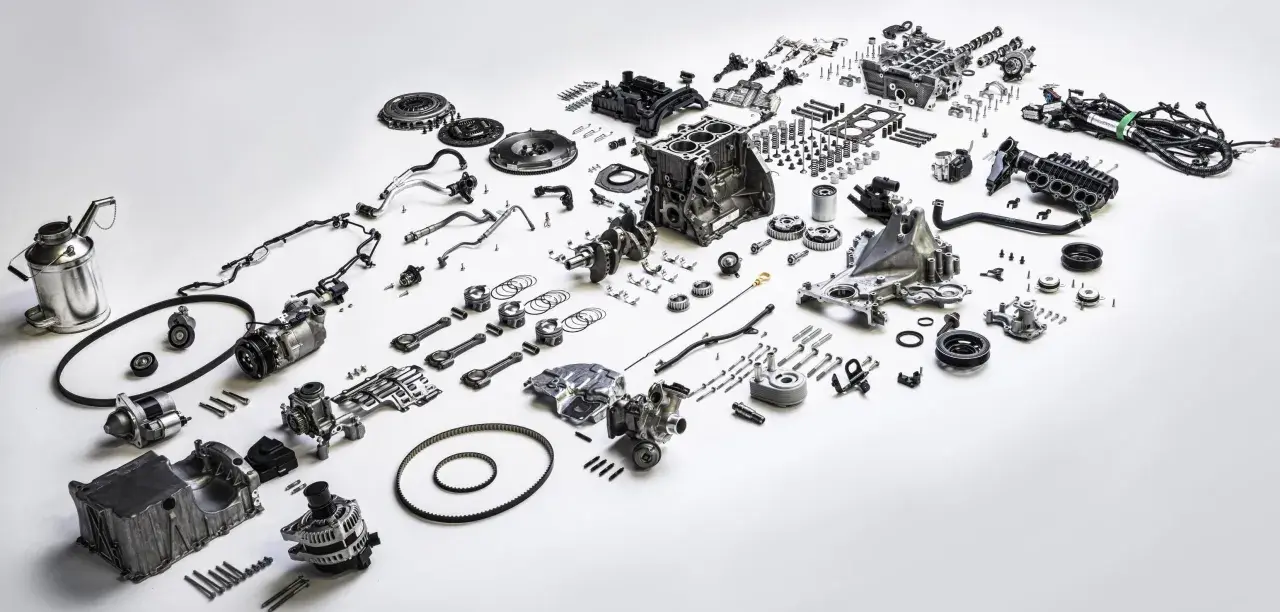 Rozłożony silnik 1.0 ecoboost: blok, wał korbowy, tłoki, głowica, turbosprężarka, alternator, rozrusznik, pompa wody, sprzęgło, paski i inne części.