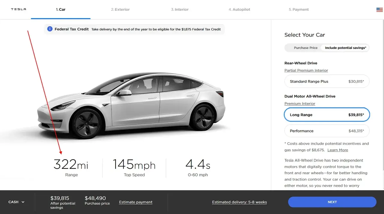 Biały Tesla Model 3 z zasięgiem 322 mil, prędkością maksymalną 145 mph i przyspieszeniem 4,4s. Wybierz wersję Long Range, by poczuć pełnię mocy silnika.