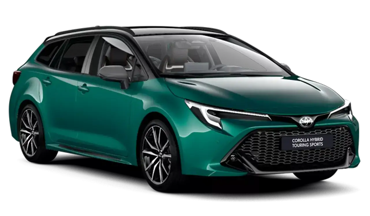 Nowa Toyota Corolla Touring Sports w kolorze zielonym, z czarnym dachem i felgami.