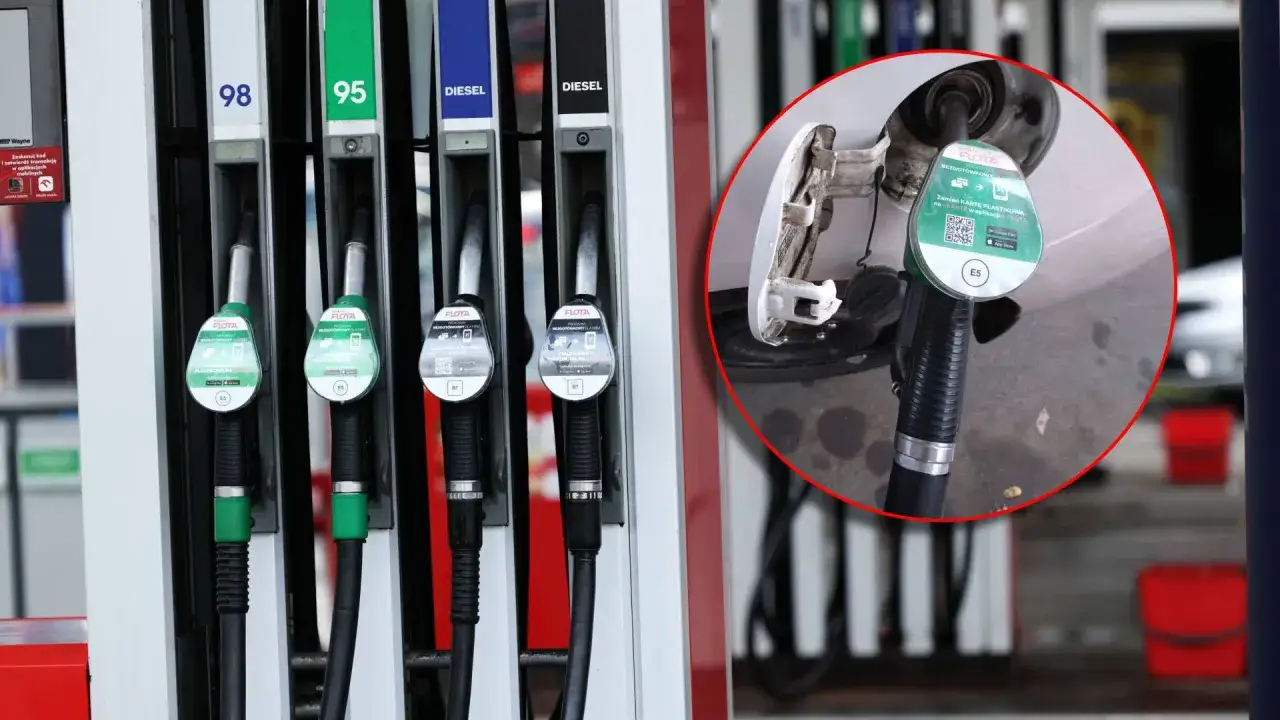 Dostępne różne rodzaje paliwa: 98, 95, Diesel. W kropce widać dystrybutor z etykietą E5, wskazującą na liczbę oktanową.