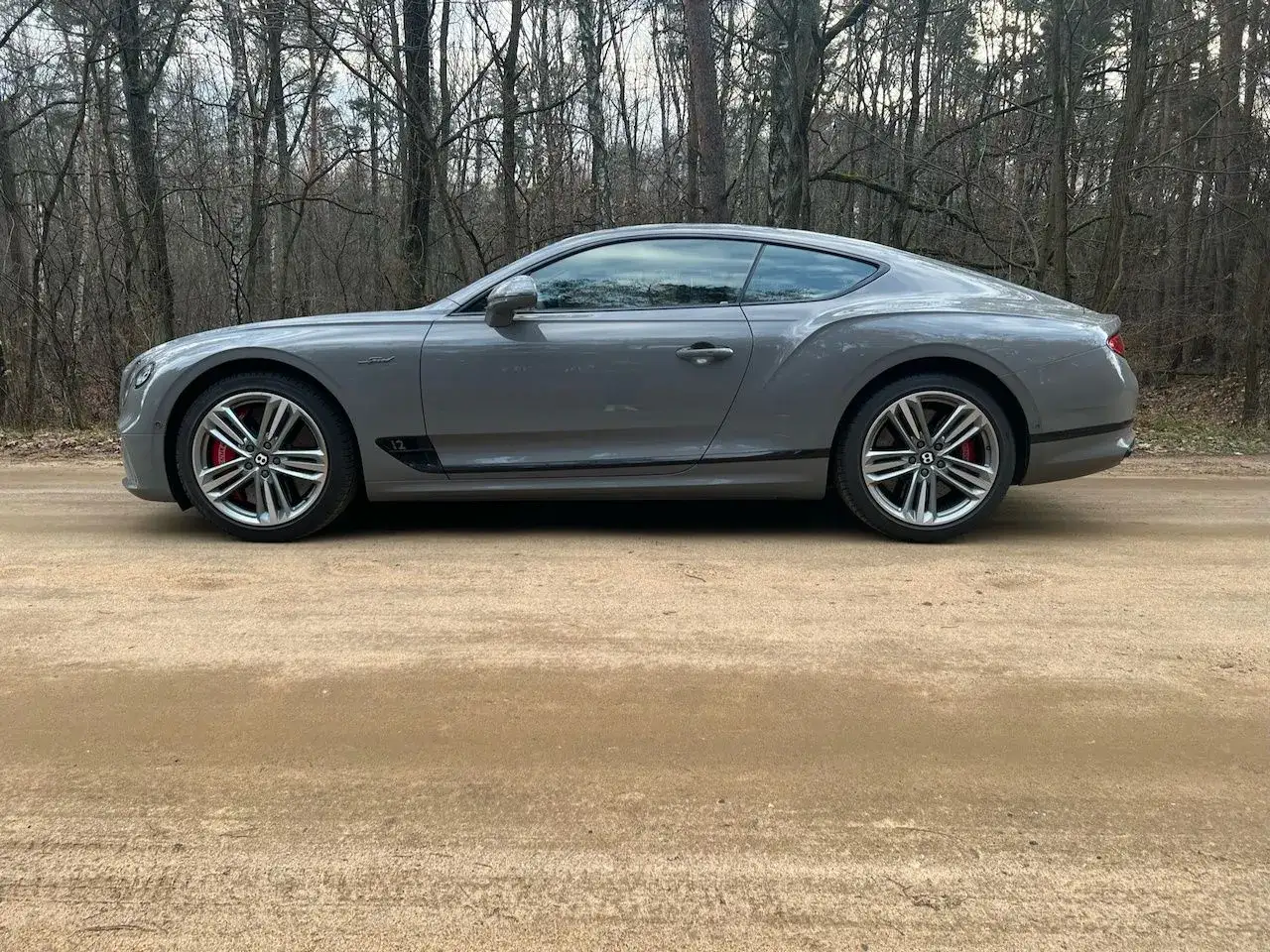 Szary Bentley Continental GT na leśnej drodze. Zastanawiasz się nad jego bentley cena?