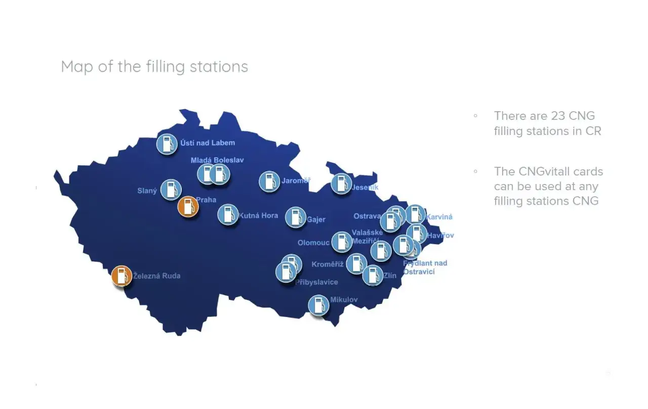 Mapa stacji CNG w Czechach. Znajdź, gdzie tankować CNG, korzystając z 23 punktów na mapie.