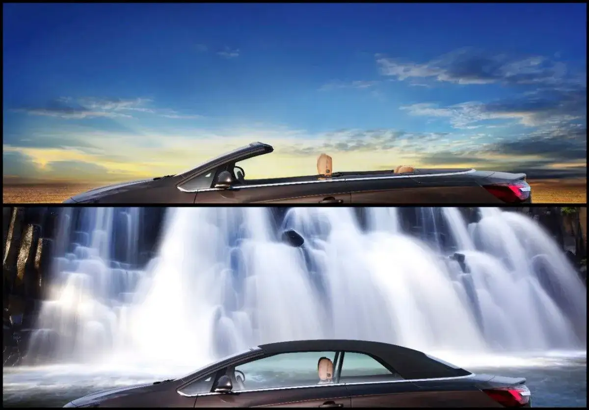 Opel Cascada w otoczeniu wodospadu i zachodzącego słońca.