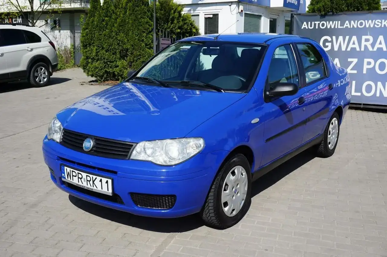 Błękitny Fiat Albea stoi na parkingu. Auto ma czarne listwy i srebrne felgi.