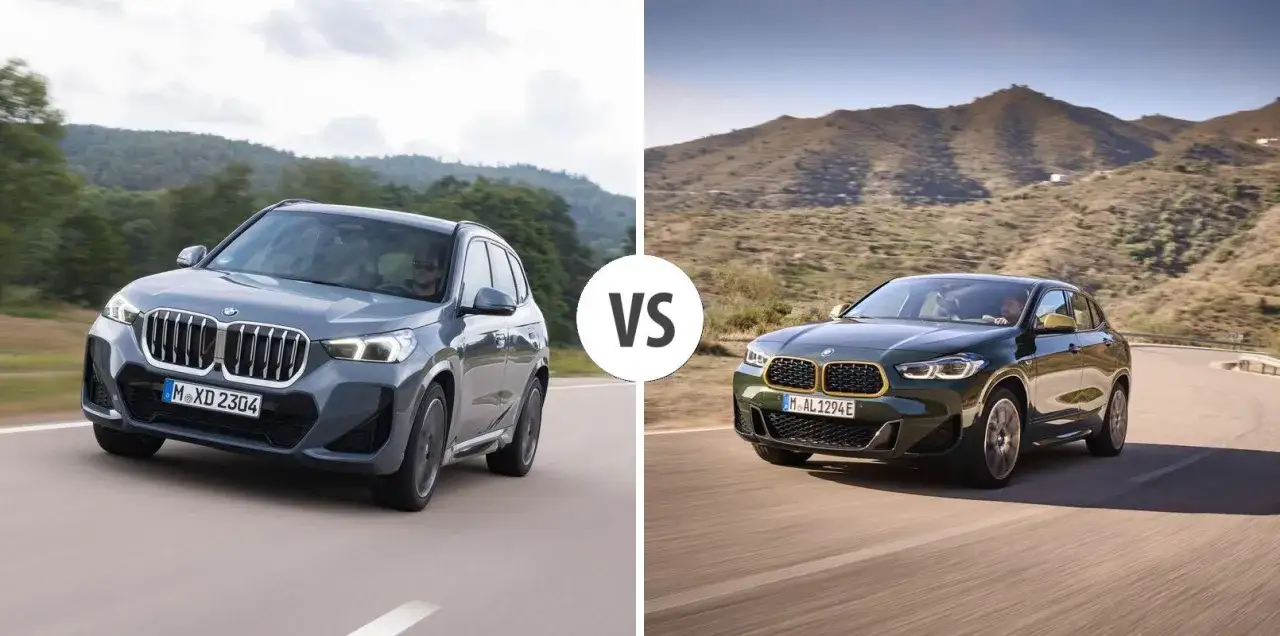 Dwa BMW X2 na drodze, jedno szare, drugie ciemnozielone, jadące w przeciwnych kierunkach.