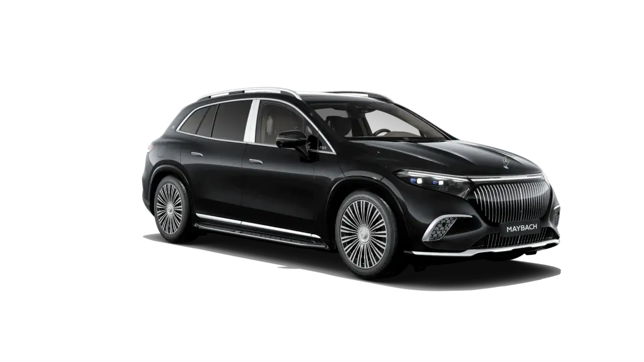 Elegancki, czarny Maybach SUV z chromowanymi detalami i charakterystycznym grillem.