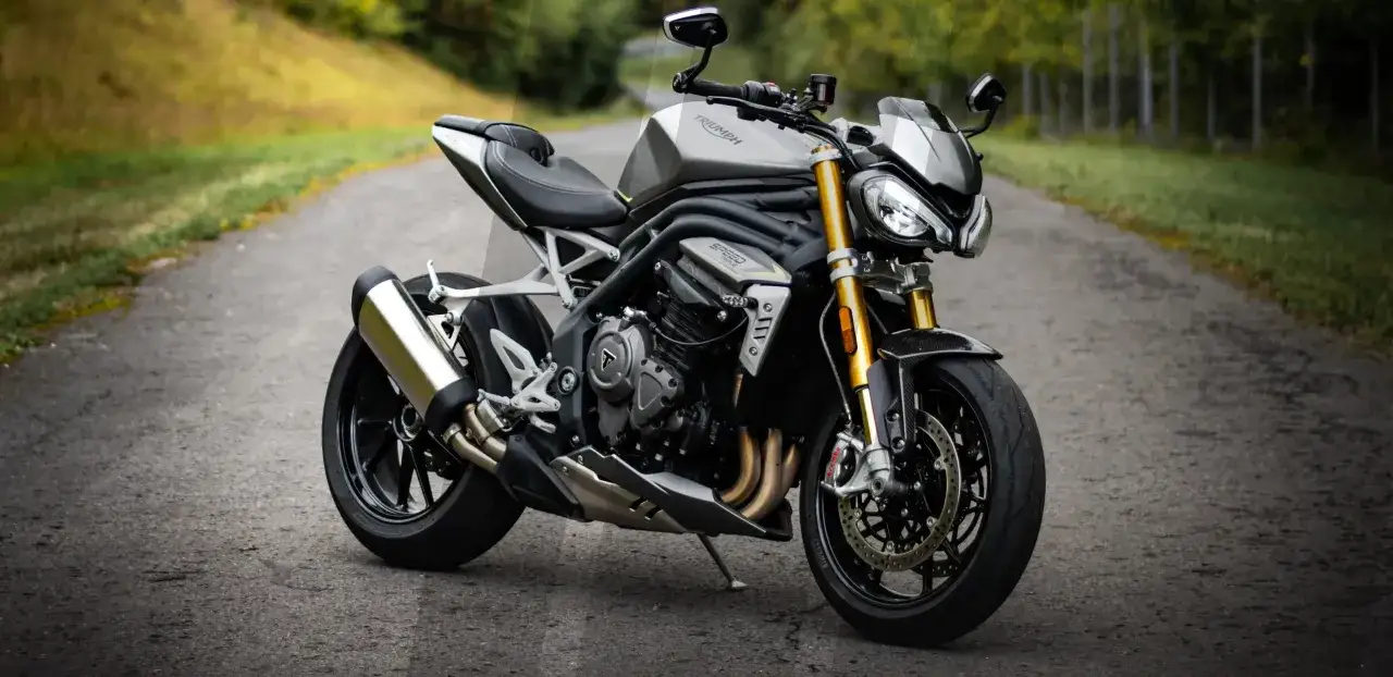 Szary motocykl Triumph Speed Triple stoi na asfaltowej drodze, otoczony zielenią.
