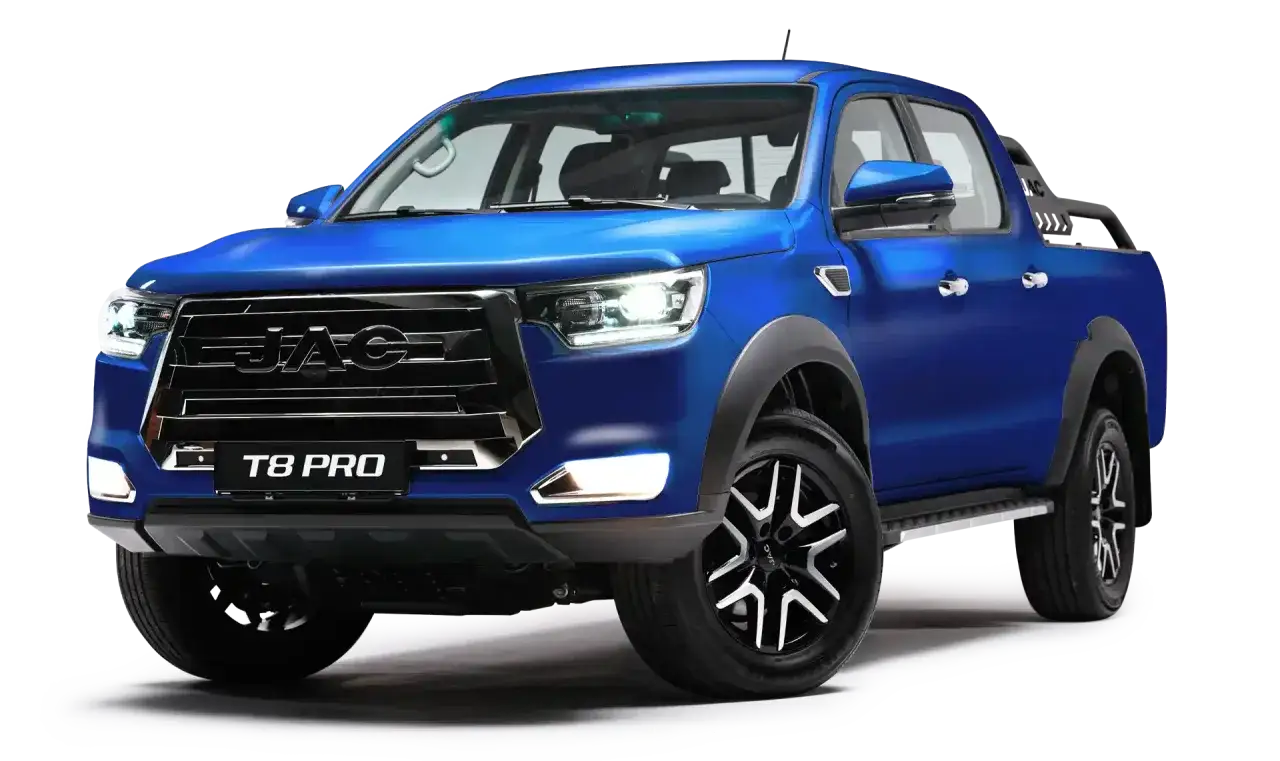 Niebieski pickup JAC T8 PRO z chromowanym grillem i felgami. Gotowy na każdą przygodę.