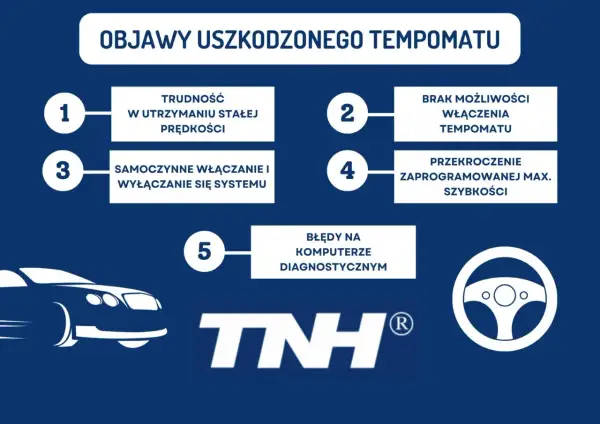 Objawy uszkodzonego tempomatu: trudność w utrzymaniu stałej prędkości, brak możliwości włączenia, samoistne włączanie/wyłączanie, przekroczenie max. prędkości, błędy diagnostyczne.