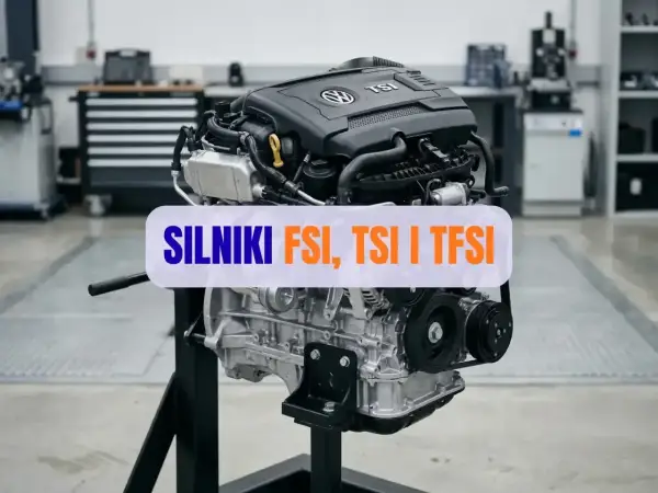 Silnik 2.0 TFSI na stojaku, gotowy do prezentacji. W tle warsztat samochodowy.