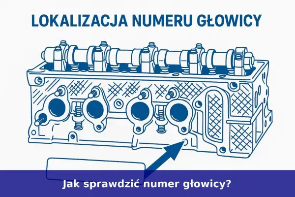 Schematyczny rysunek głowicy silnika z zaznaczoną strzałką lokalizacją numeru silnika.