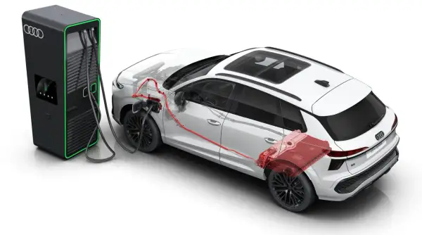 Audi Q3 e-hybrid podłączone do ładowarki. Schemat ukazuje, jak działa napęd elektryczny i spalinowy, wyjaśniając, co to jest cng i hybryda.