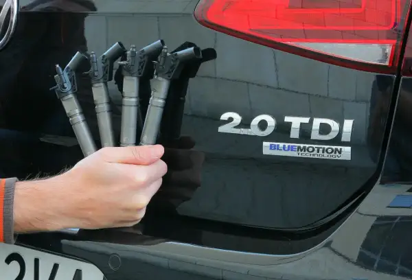 Dłoń trzyma cztery wtryskiwacze do silnika common rail 2.0 TDI.