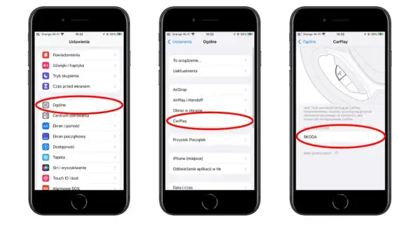 Konfiguracja Apple CarPlay w ustawieniach iPhone'a. Widok ekranu z opcją CarPlay, a następnie wybór samochodu Skoda.