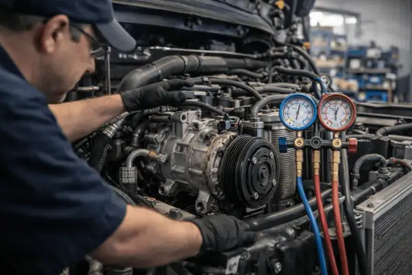 Mechanik dokonuje montażu kompresora na pojazdach ciężarowych, używając manometrów do kontroli ciśnienia.