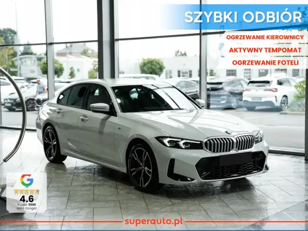Białe BMW 318i z podgrzewaną kierownicą i fotelami, aktywnym tempomatem. Szybki odbiór w salonie.