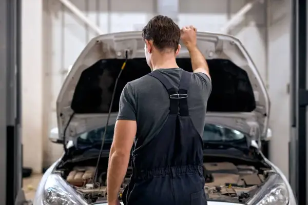 Mechanik zamyka maskę samochodu. Zastanawia się, ile czasu stygnie silnik, zanim będzie mógł kontynuować pracę.